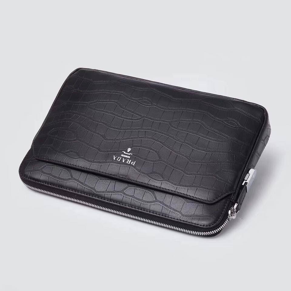 Ví nam Prada siêu cấp cầm tay họa tiết vân kẻ màu đen