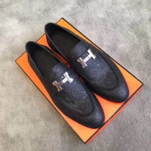 Giày lười Hermes siêu cấp mặt khóa logo thanh màu đen bóng