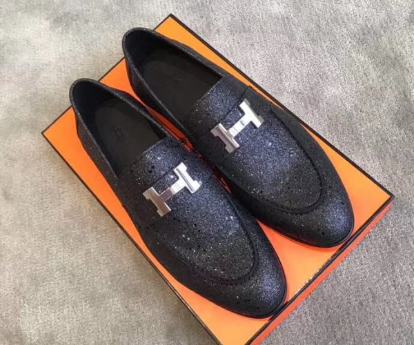 Giày lười Hermes siêu cấp mặt khóa logo thanh màu đen bóng