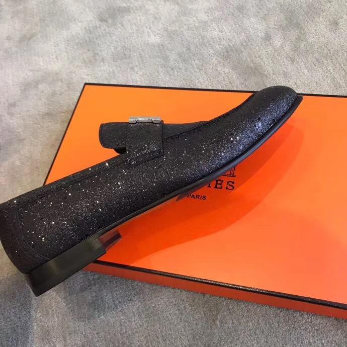 Giày lười Hermes siêu cấp mặt khóa logo thanh màu đen bóng