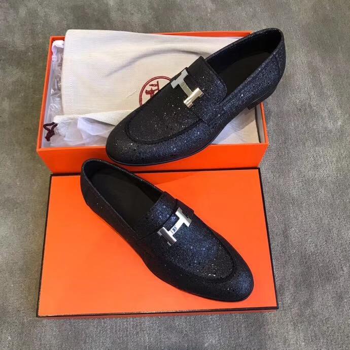 Giày lười Hermes siêu cấp mặt khóa logo thanh màu đen bóng