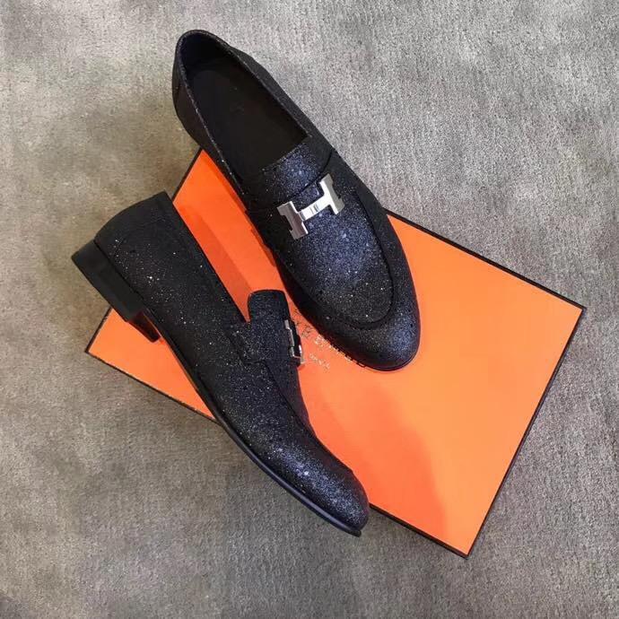 Giày lười Hermes siêu cấp mặt khóa logo thanh màu đen bóng