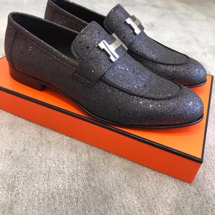 Giày lười Hermes siêu cấp mặt khóa logo thanh màu đen bóng