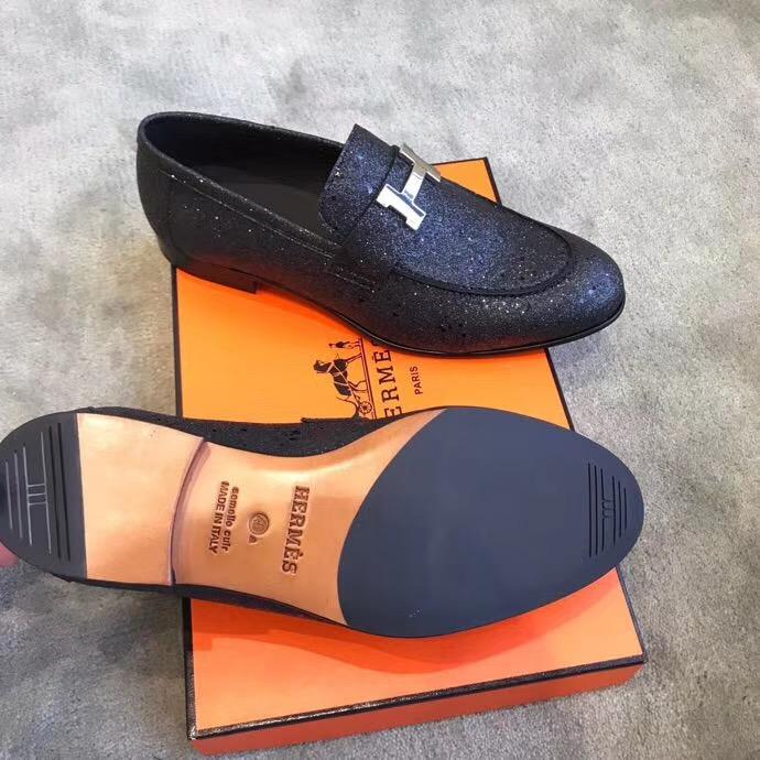 Giày lười Hermes siêu cấp mặt khóa logo thanh màu đen bóng