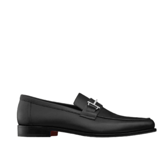 Giày lười Hermes like au mặt khóa logo thanh màu đen bóng GLH34