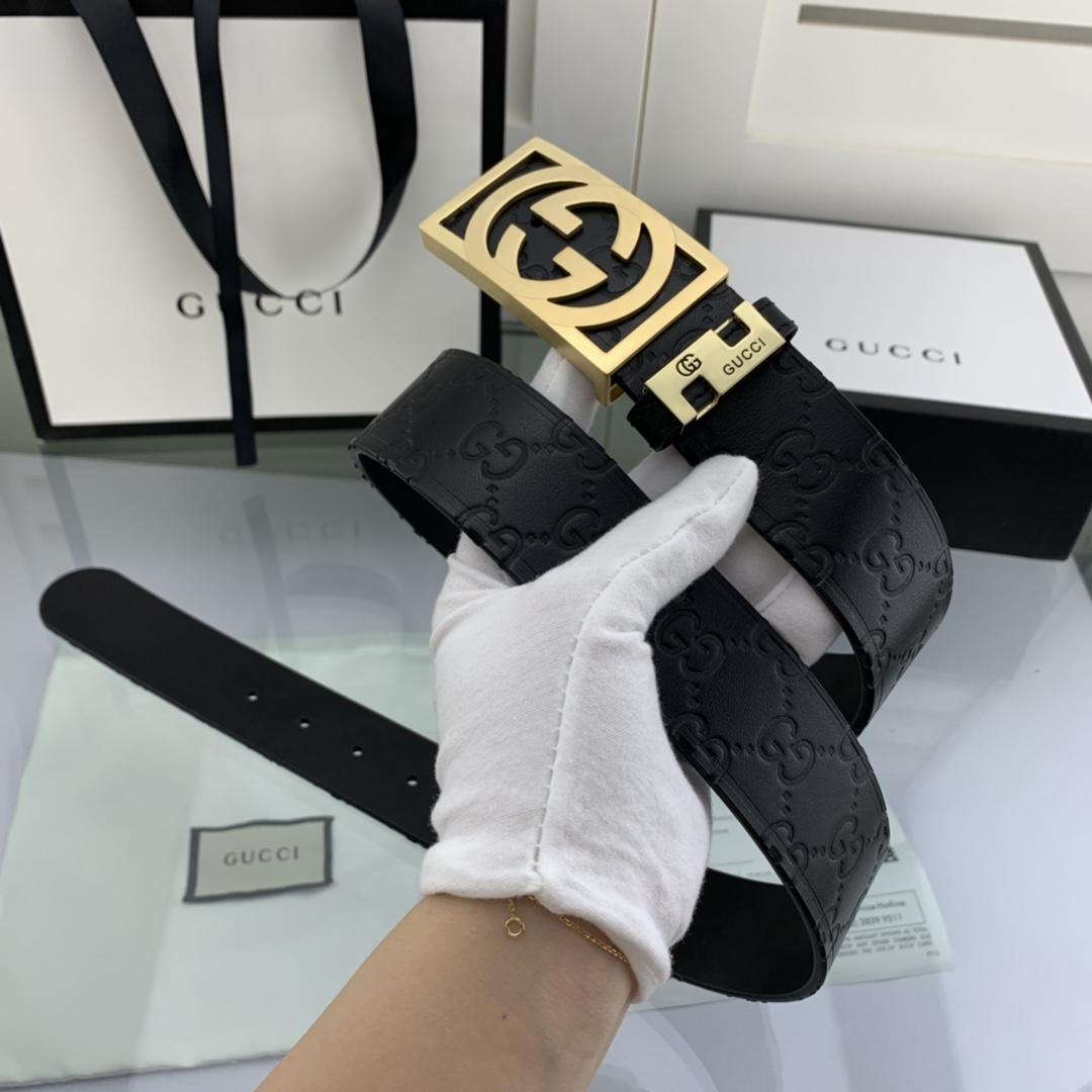 Thắt lưng nam Gucci họa tiết logo mặt khóa vuông màu vàng TLGC68