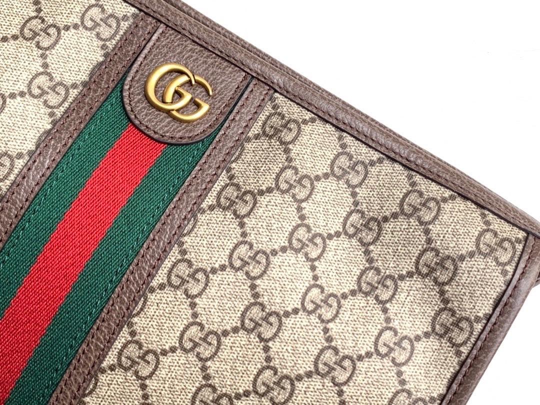 Ví nam Gucci siêu cấp cầm tay họa tiêt logo màu be viền kẻ đỏ VNG94