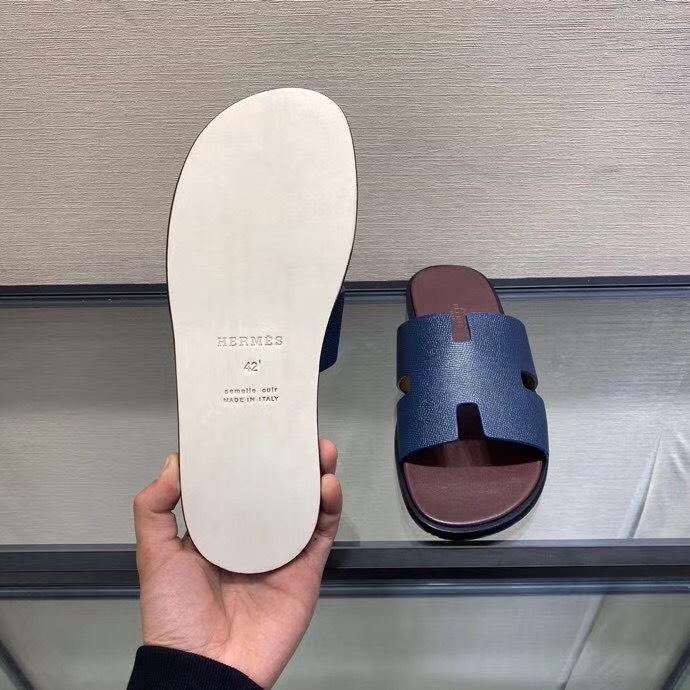Dép Hermes nam siêu cấp họa tiết da sần màu xanh lót nâu DNH04