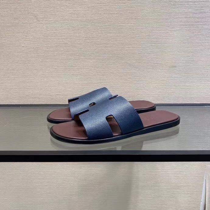 Dép Hermes nam siêu cấp họa tiết da sần màu xanh lót nâu DNH04