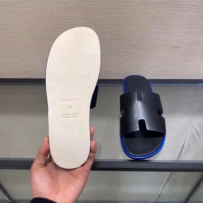 Dép Hermes nam siêu cấp họa tiết da trơn mà đen viền kẻ xanh DNH01