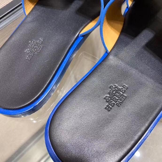 Dép Hermes nam siêu cấp họa tiết da trơn mà đen viền kẻ xanh DNH01