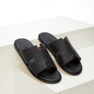 Dép Hermes Like Auth họa tiết da đà điểu màu đen