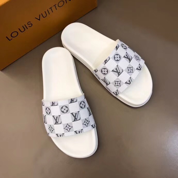 Dép Louis Vuitton siêu cấp nam màu trắng quai họa tiết caro DLV02