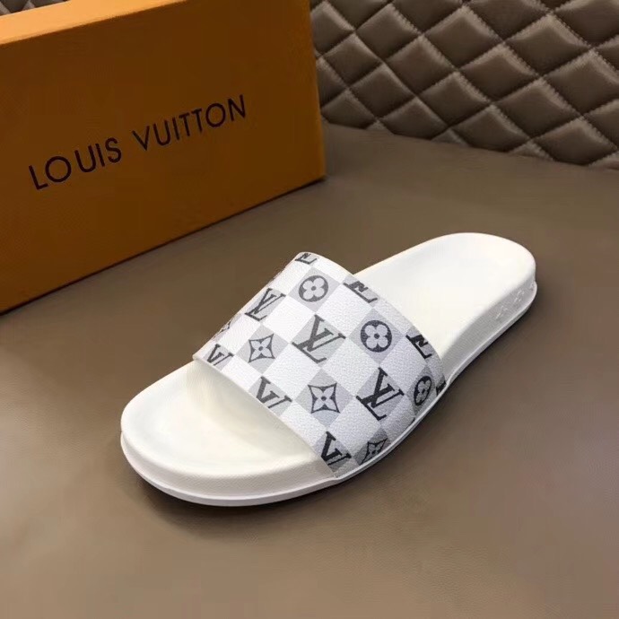 Dép Louis Vuitton siêu cấp nam màu trắng quai họa tiết caro DLV02