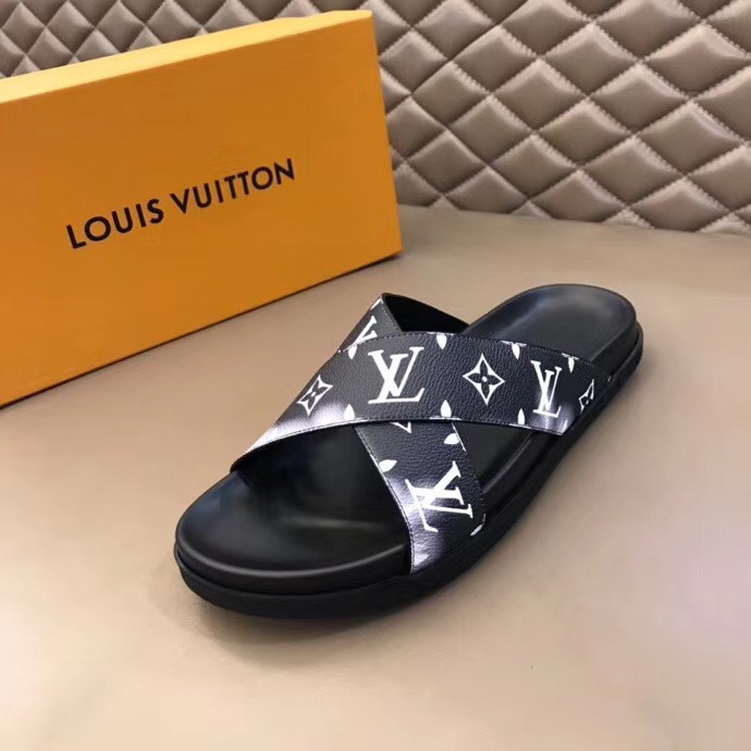 Dép Louis Vuitton siêu cấp nam quai chéo họa tiết quai trắng DLV23