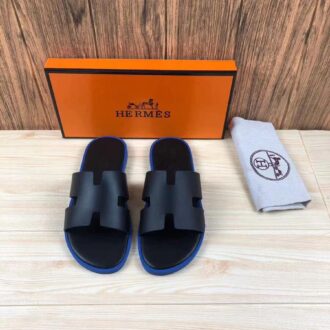 Dép Hermes nam bản siêu cấp họa tiết da trơn đen đế xanh DNH22