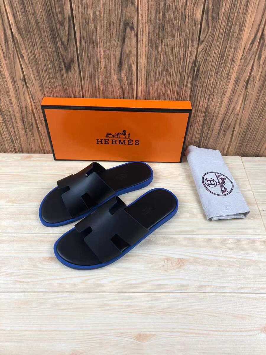 Dép Hermes nam bản siêu cấp họa tiết da trơn đen đế xanh DNH22