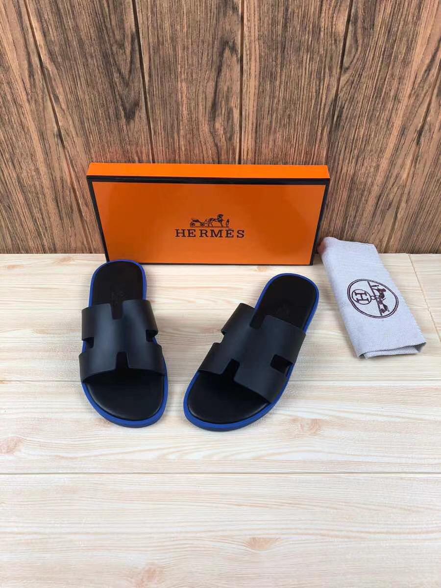 Dép Hermes nam bản siêu cấp họa tiết da trơn đen đế xanh DNH22