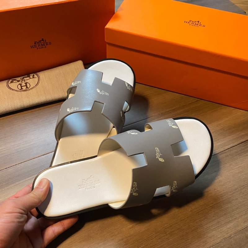 Dép Hermes nam bản siêu cấp họa tiết ngựa màu ghi DNH19