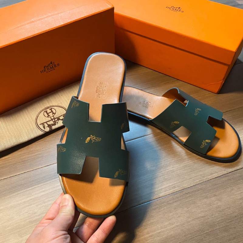 Dép Hermes nam siêu cấp họa tiết ngựa màu xanh DNH14
