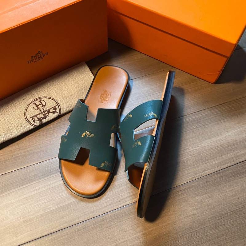 Dép Hermes nam siêu cấp họa tiết ngựa màu xanh DNH14