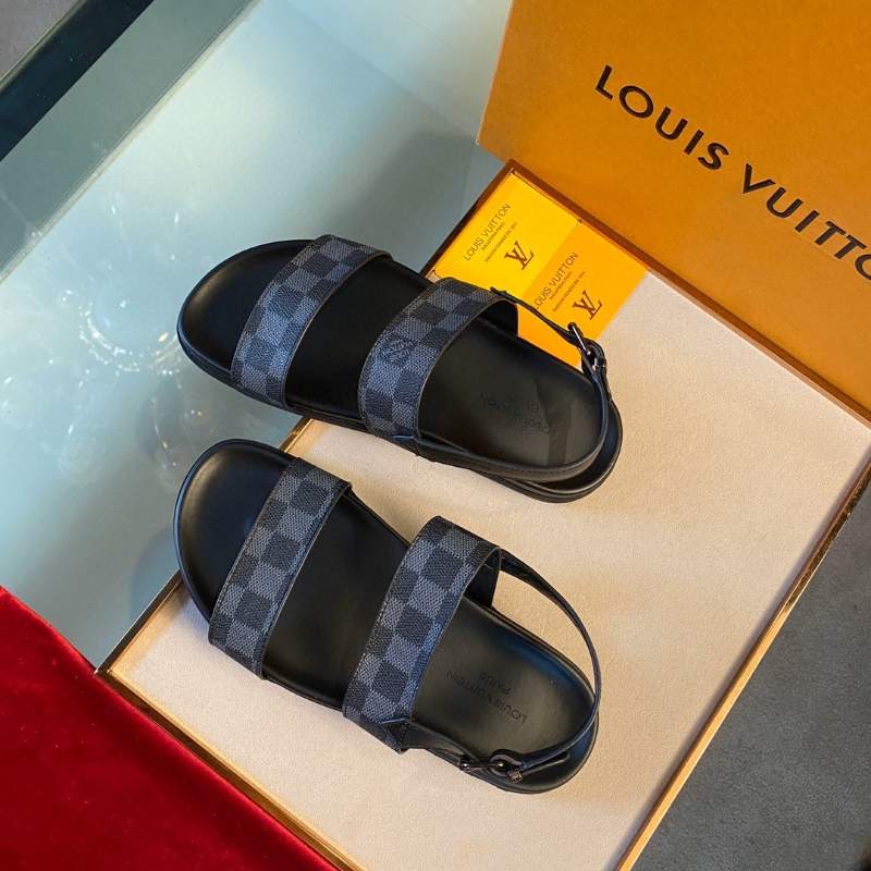 Dép Louis Vuitton nam siêu cấp họa tiết caro ghi đen quai hậu DLV27