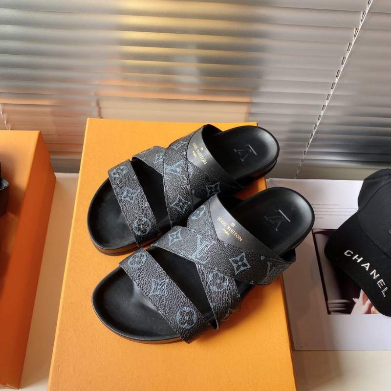 Dép Louis Vuitton nam siêu cấp họa tiết hoa đen quai chéo ngang DLV28