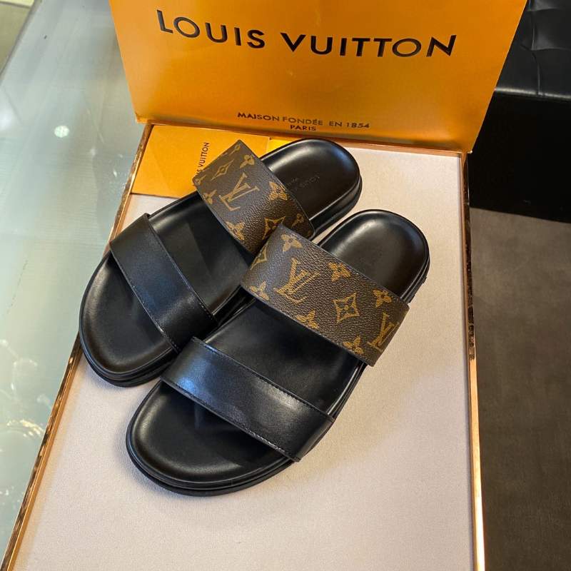 Dép Louis Vuitton nam siêu cấp họa tiết hoa nâu hai quai DLV32