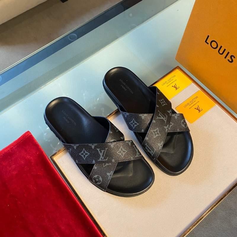 Dép Louis Vuitton nam họa tiết hoa quai chéo màu đen DLV26