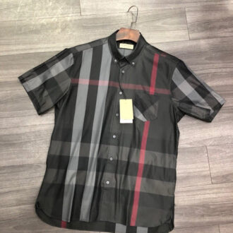 Áo Burberry nam likeau họa tiết kẻ đen ghi ngắn tay AOB04