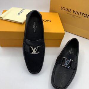 Giày lười Louis Vuitton siêu cấp họa tiết da nhăn mũi vuông màu đen GLLV124