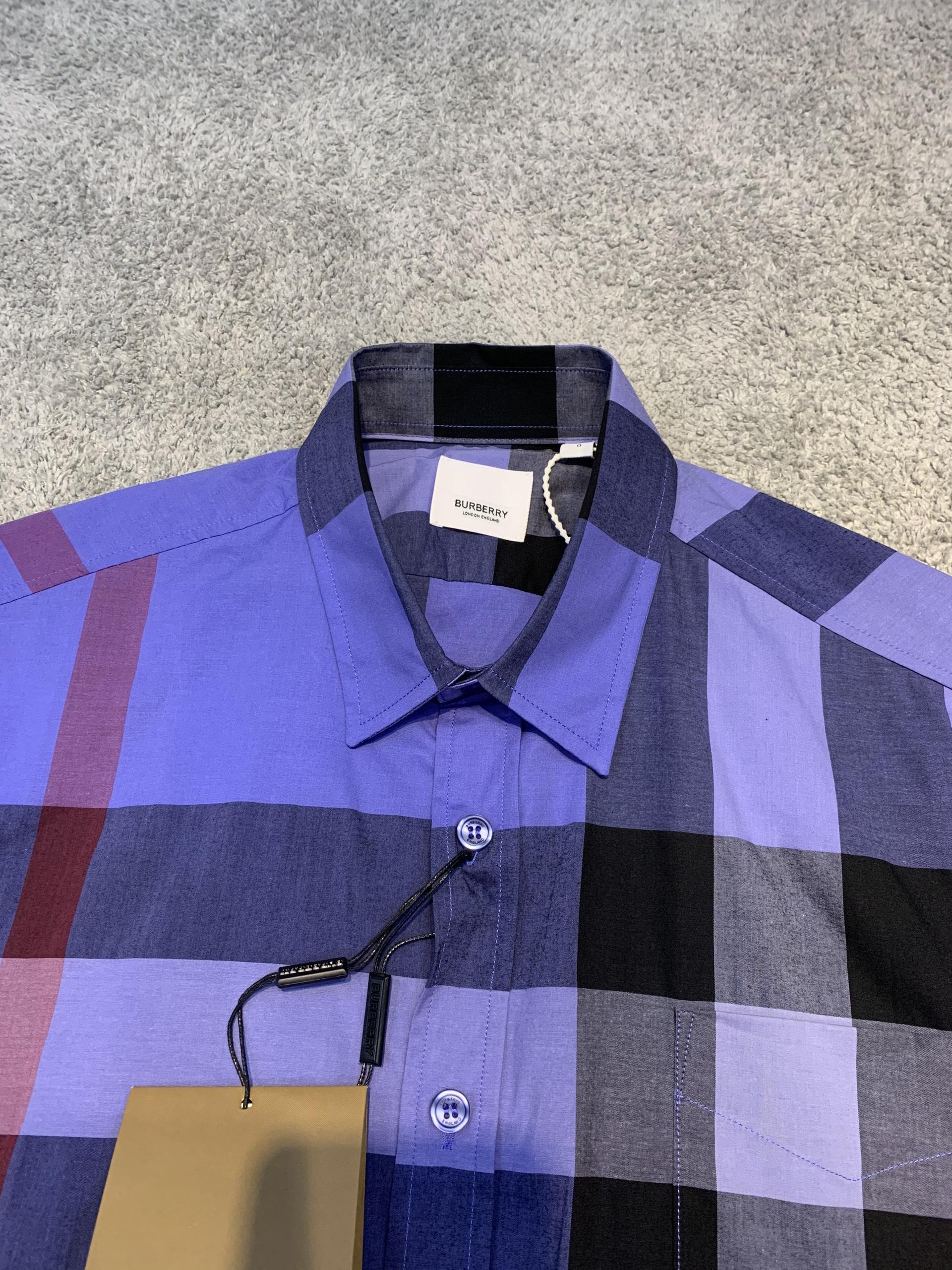 Áo sơ mi Burberry siêu cấp ngắn tay họa tiết kẻ tím ASMB19B