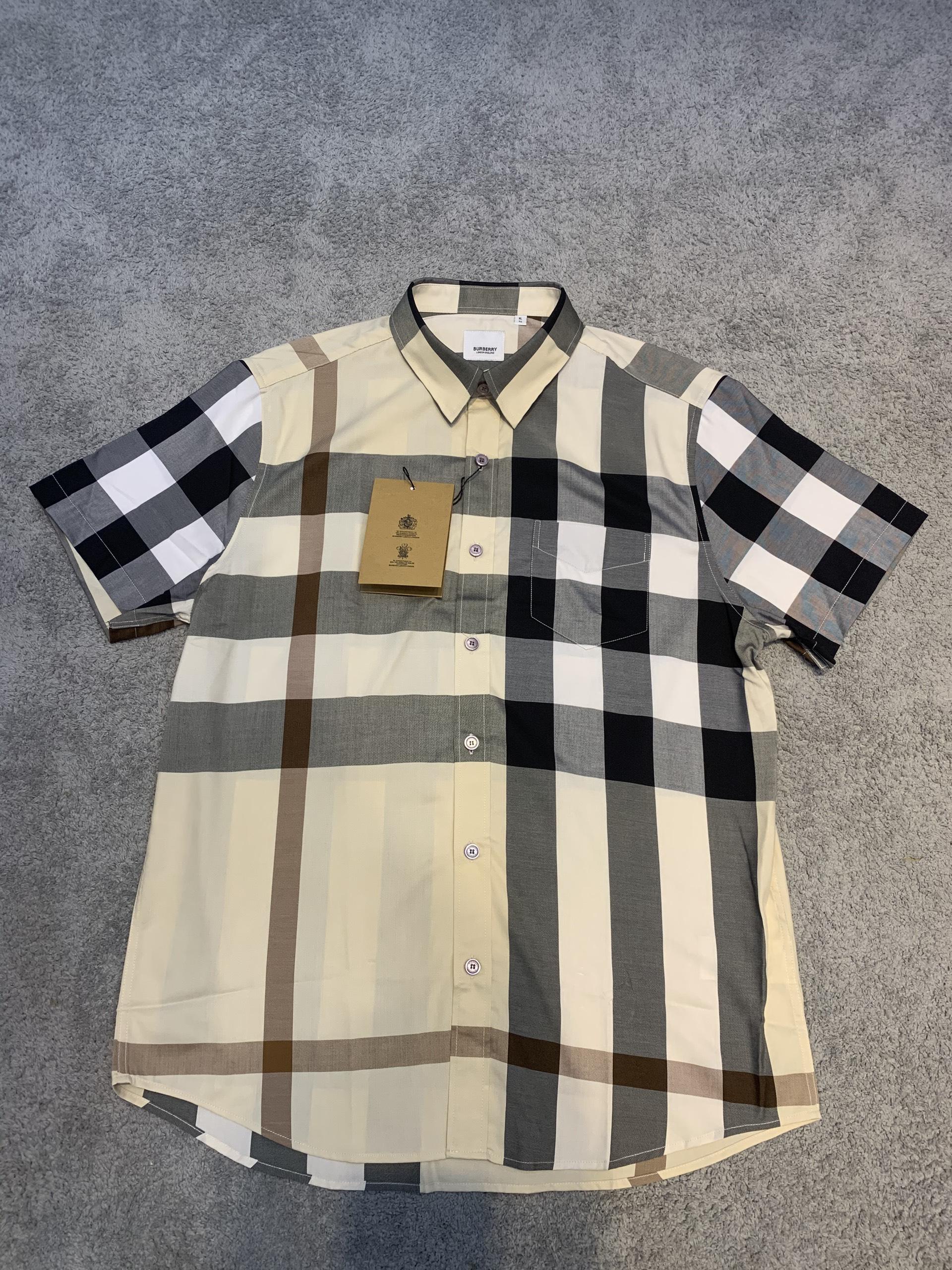 Áo sơ mi Burberry siêu cấp ngắn tay họa tiết kẻ vàng ASMB15