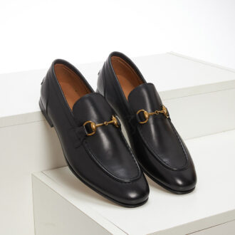 Giày lười Gucci họa tiết da trơn màu đen logo vàng Like Auth