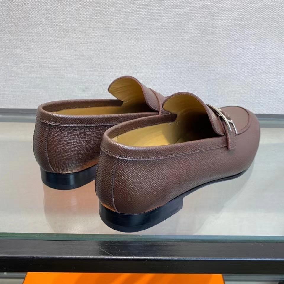 Giày lười Hermes like au đế cao da rám khoá lệch màu nâu GLH44