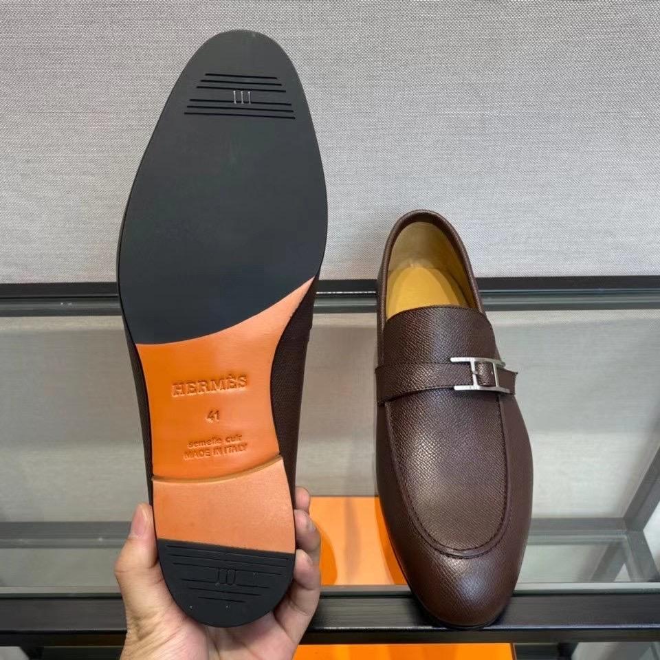 Giày lười Hermes like au đế cao da rám khoá lệch màu nâu GLH44