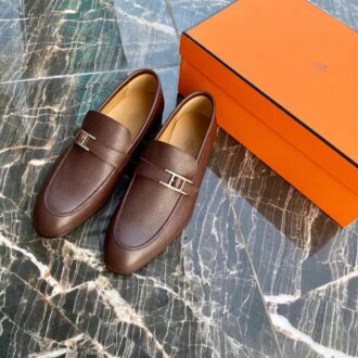 Giày lười Hermes like au đế cao da rám khoá lệch màu nâu GLH44