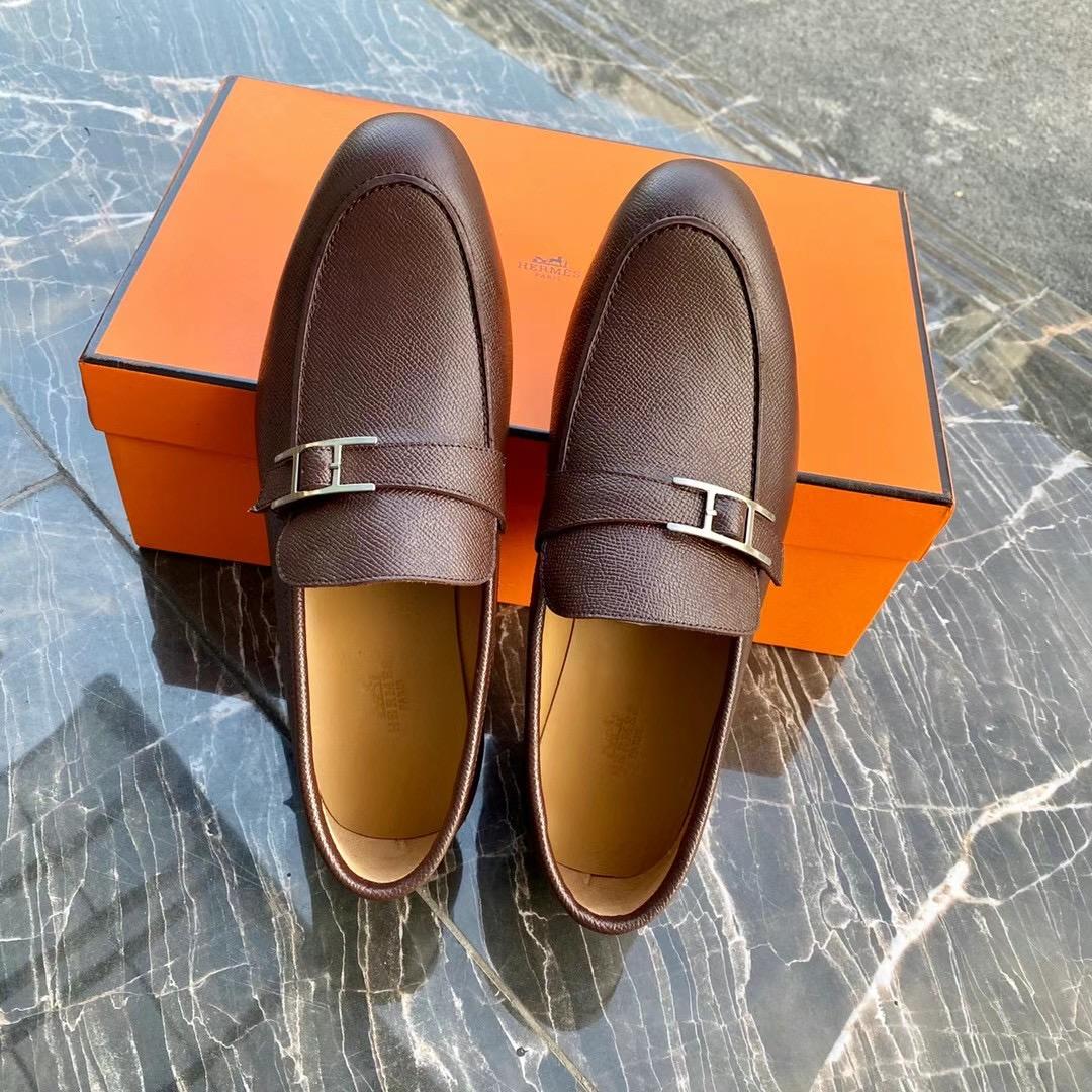 Giày lười Hermes like au đế cao da rám khoá lệch màu nâu GLH44