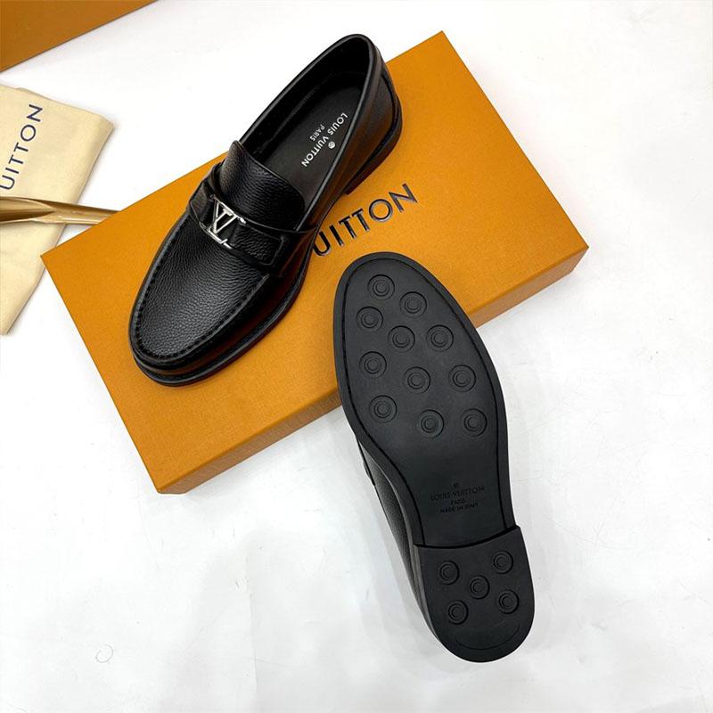 Giày lười Louis Vuitton like au đế cao da nhăn full đen GLLV137