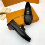 Giày lười Louis Vuitton like au đế cao da nhăn full đen GLLV137