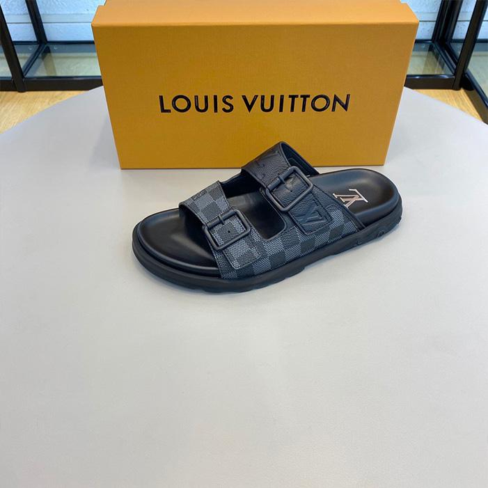 Dép Louis Vuitton siêu cấp quai ngang họa tiết caro phối logo màu đen DLV43