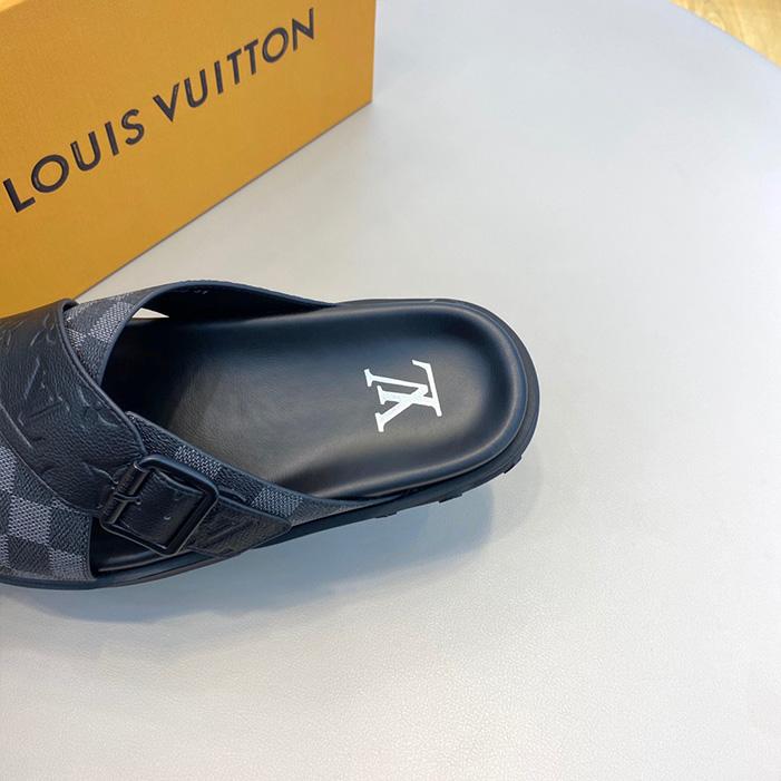 Dép quai chéo Louis Vuitton siêu cấp họa tiết caro phối logo dập màu đen DLV42 