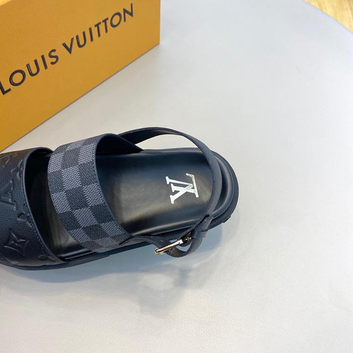 Dép sandal Louis Vuitton siêu cấp họa tiết caro phối logo chìm màu đen DLV44 