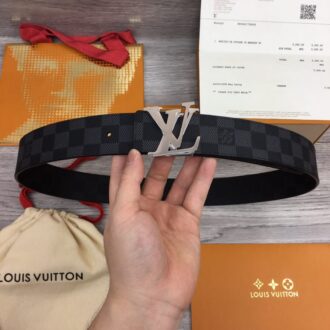 Thắt lưng Louis Vuitton họa tiết caro khóa logo kép khóa trắng Like Auth