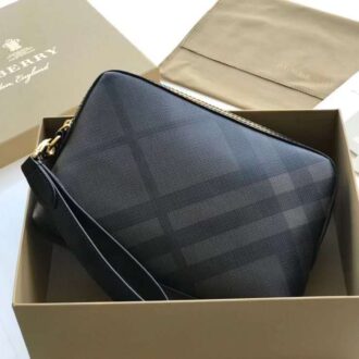 Ví nam Burberry like au cầm tay họa tiết quai sau kẻ nâu VNB24