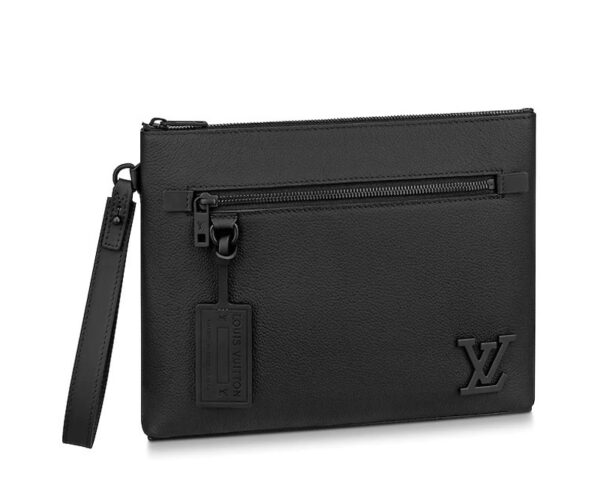 Clutch nam Louis Vuitton khoá logo đen da nhăn Like Auth