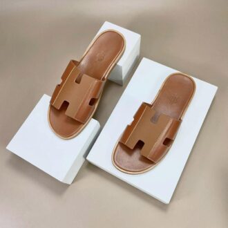 Dép Hermes đế gỗ Like Auth da trơn phối taiga màu nâu