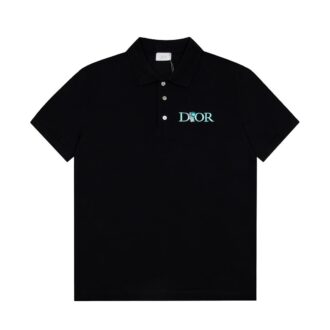 Áo Polo nam Dior màu đen hoạ tiết hoa hồng xanh