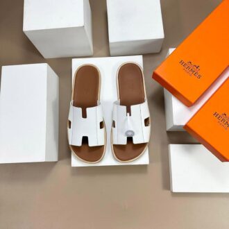 Dép Hermes Izmir Sandal đế gỗ quai phối tag taiga trắng Like Auth
