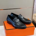 Giày đế cao Hermes Paris Loafer logo xe ngựa da taiga Like Auth